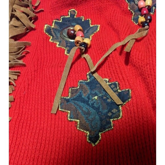 Vintage Aztec Long Red Sweater Cardigan Southwest Fringes Women's OSFA - Picture 8 of 11